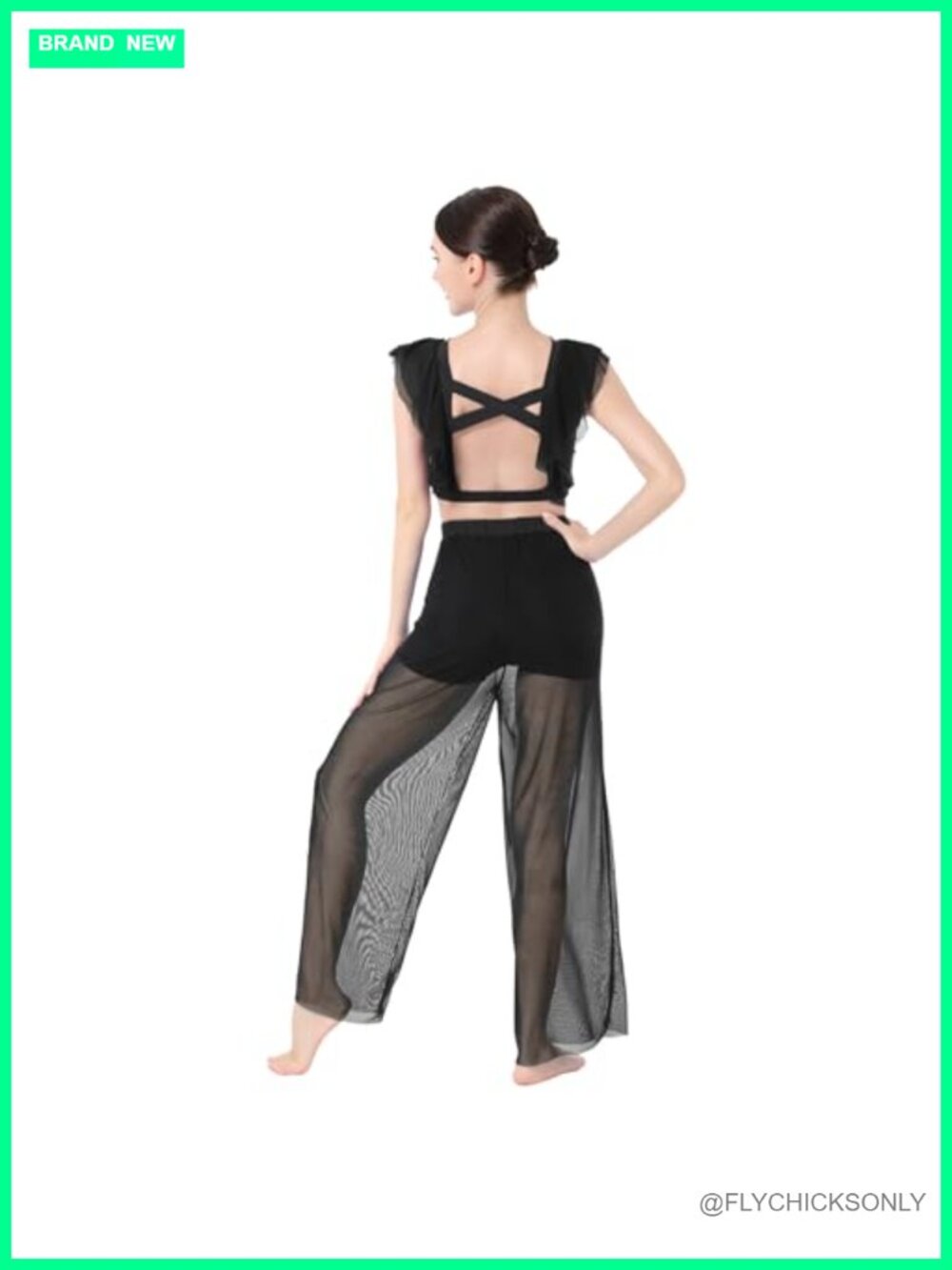 Chiffon Cross Back Crop Top Ballet Leotard Shorts Mesh Sheer Pants Dance Outfits